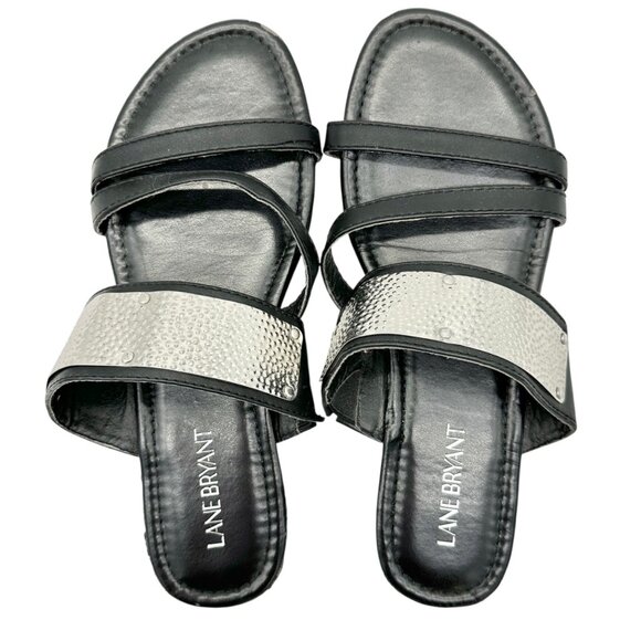Lane Bryant Womens Black Size 9W Sandals With Metallic Silver Straps Casual Chic - Picture 4 of 7